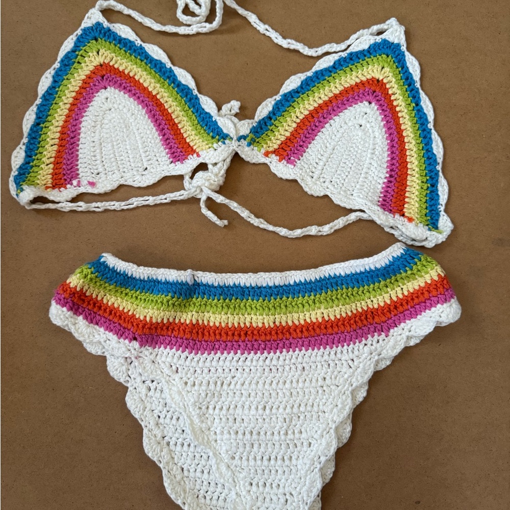Hand Crafted White Crochet Bikini Coverup with Rainbow Stripes